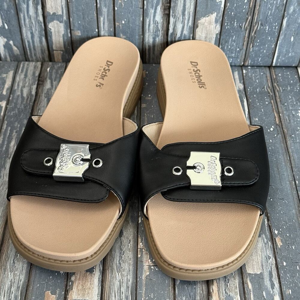 Dr Scholls Women’s Island Icon Black Size 8W Logo Buckle Sandals Slide NEW